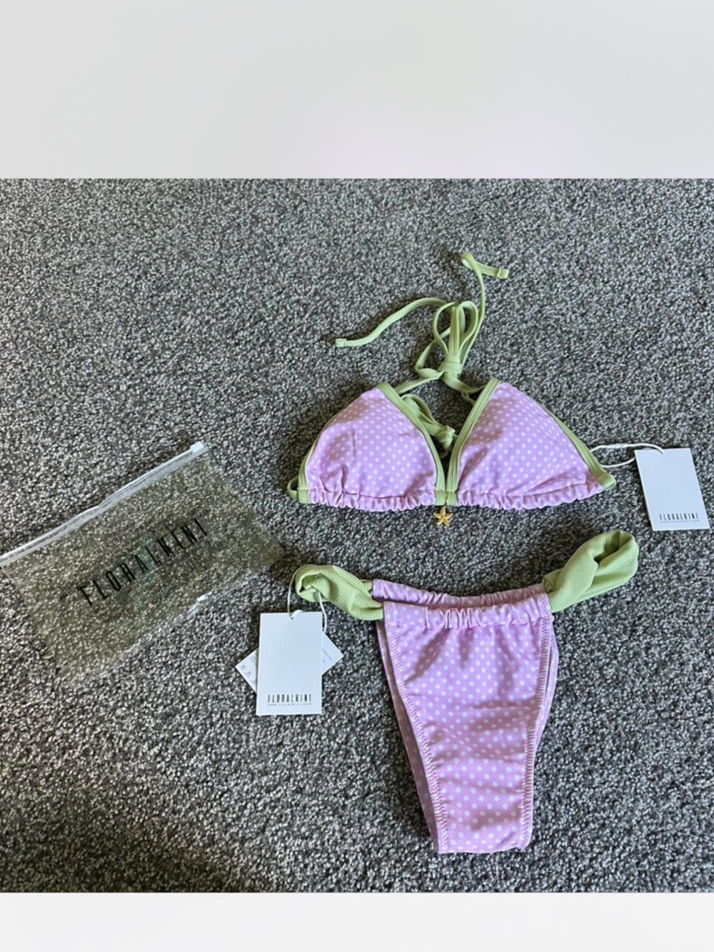 Floral Kini- Pink Polka Dot & Green Trim Triangle Bikini